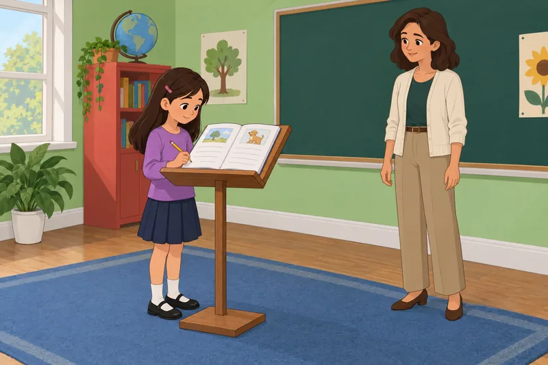English Quiz for: a child solves a worksheet.