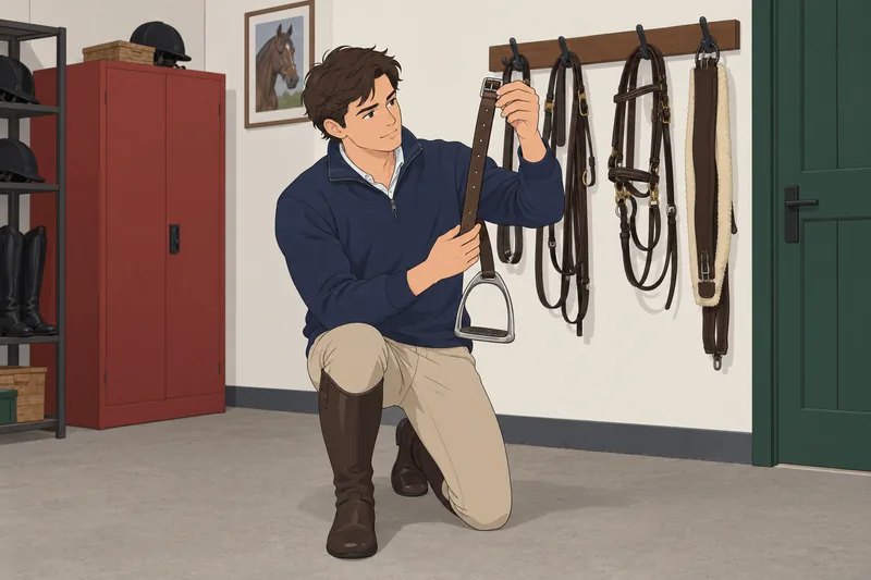 English Saddle Parts: an apprentice checks a stirrup.