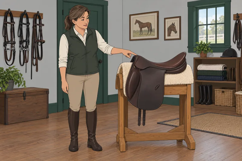 English Saddle Parts: an instructor indicates the pommel.