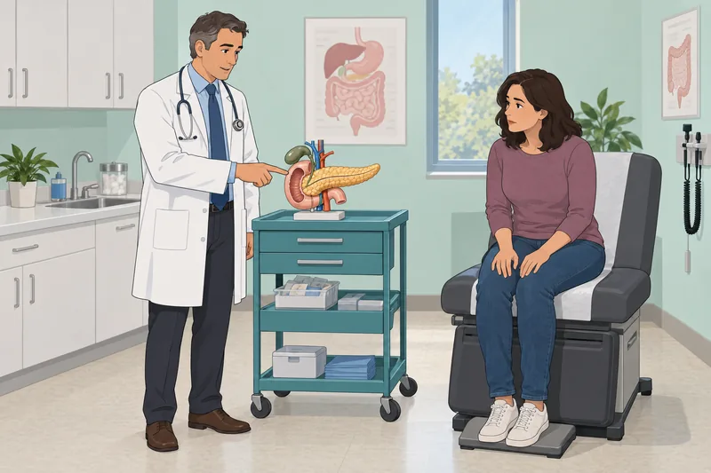 EPI Symptoms Quiz shows a pancreas model.