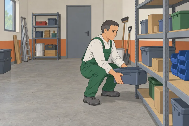 Ergonomics Quiz shows safe lifting in a stockroom.