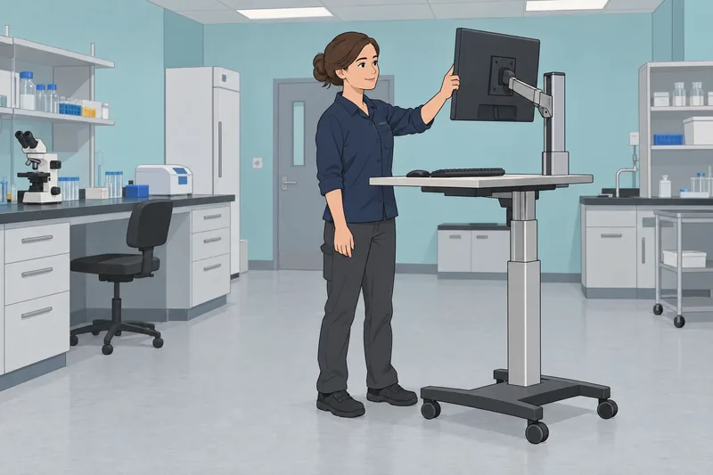 Ergonomics Quiz shows a technician adjusting a monitor.