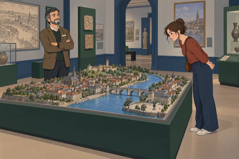 European Cities Quiz shows curator examining city model.