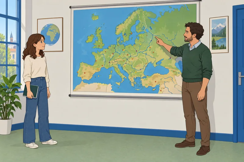 European Cities Quiz shows a learner studying maps.