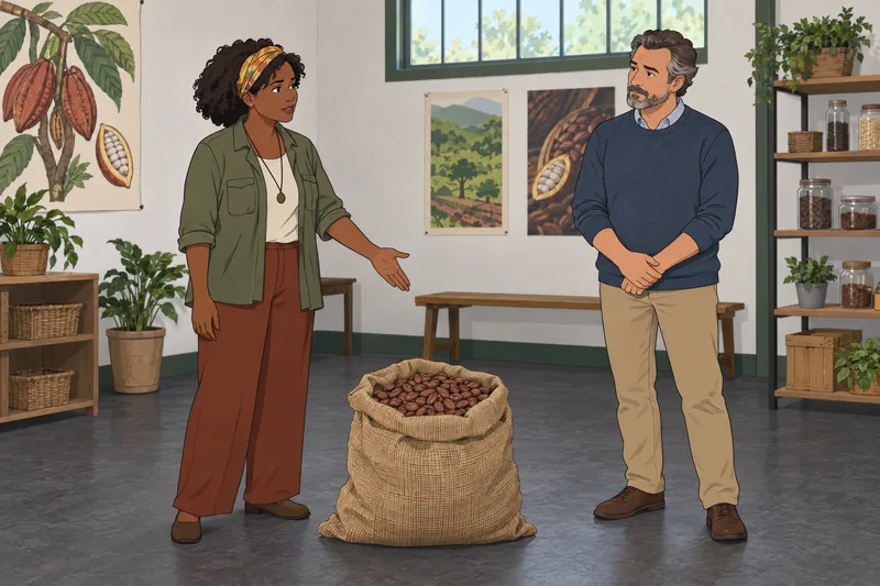 Fair Trade Chocolate researcher examines cocoa beans.