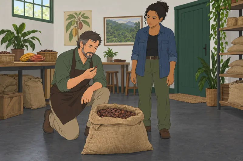 cuestionario sobre chocolate: investigador examina granos de cacao.