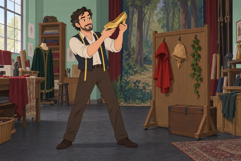 Fairy Tale Character stands beside four wooden figures.