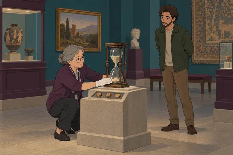 Famous Date Quiz: archivist studies a historical hourglass.