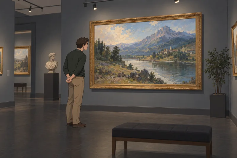 Famous Paintings Quiz shows a visitor studying art.