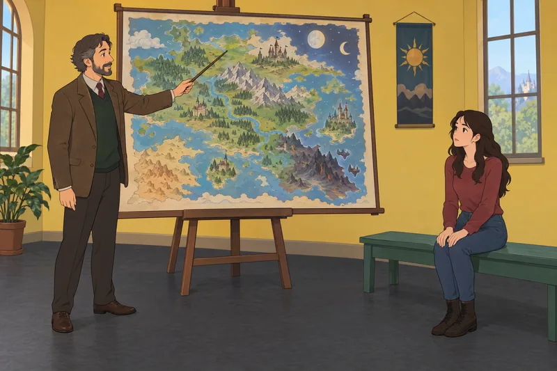 Fantasy Quiz: A teacher points toward a map.