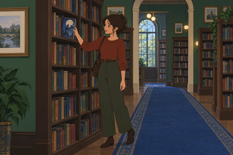 Fantasy Quiz: A reader browses a library shelf.