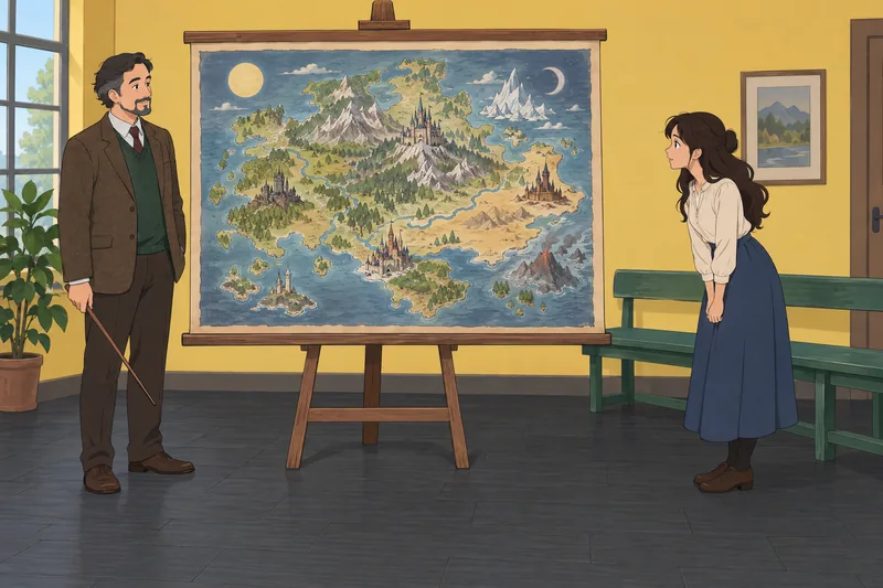 Quiz de fantasía: un profesor señala un mapa.