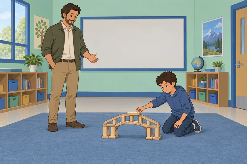 Father Presence Questionnaire shows calm guidance beside blocks.