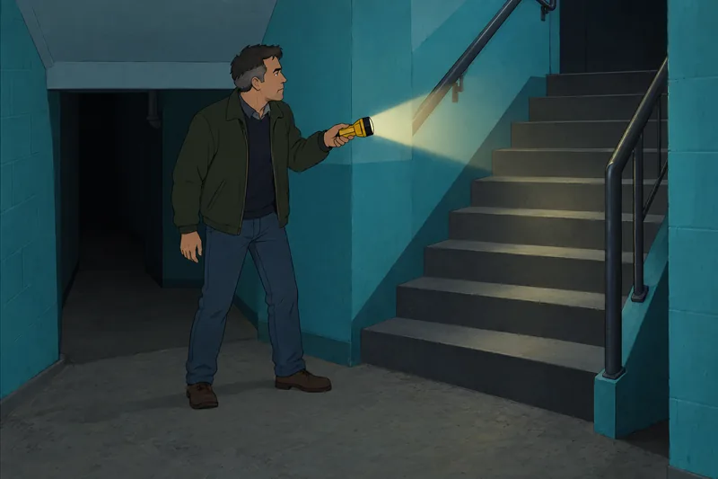 Escena de miedo: hombre alumbra una escalera.