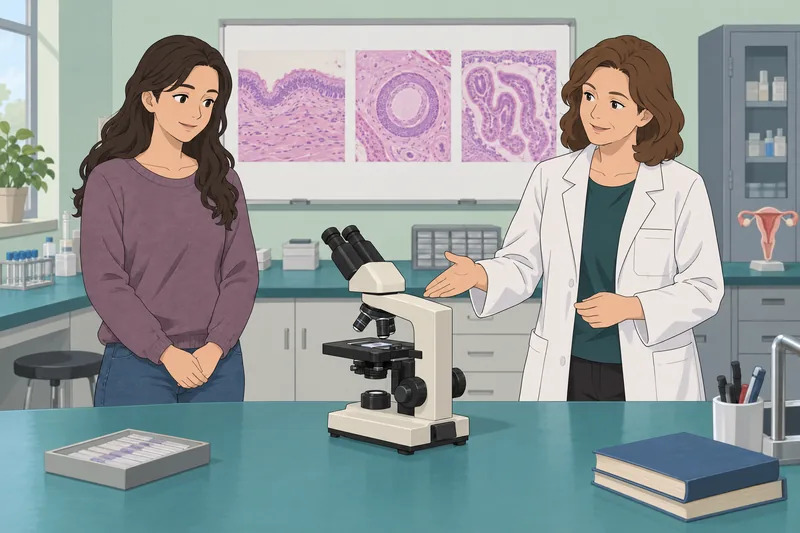 El cuestionario de histología se revisa al microscopio.