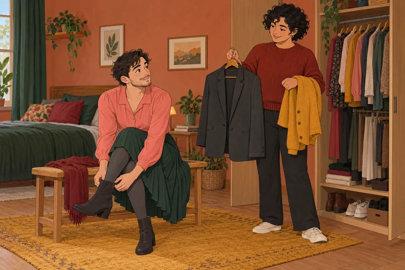 Femboy Quiz: man tries boots; friend chooses layers.