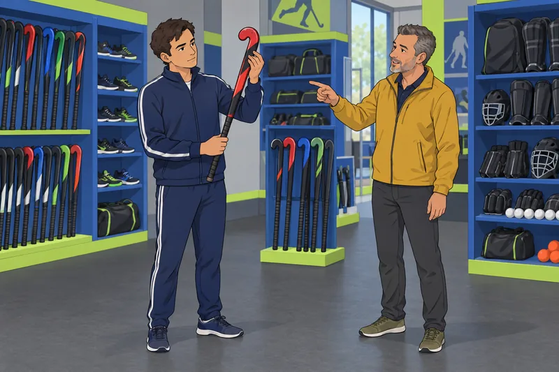 Field Hockey Stick choices stand in a shop.