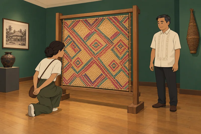 Filipino Quiz: A visitor studies a jeepney model.