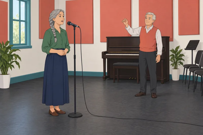 Finish the Lyrics moment beside an upright piano.