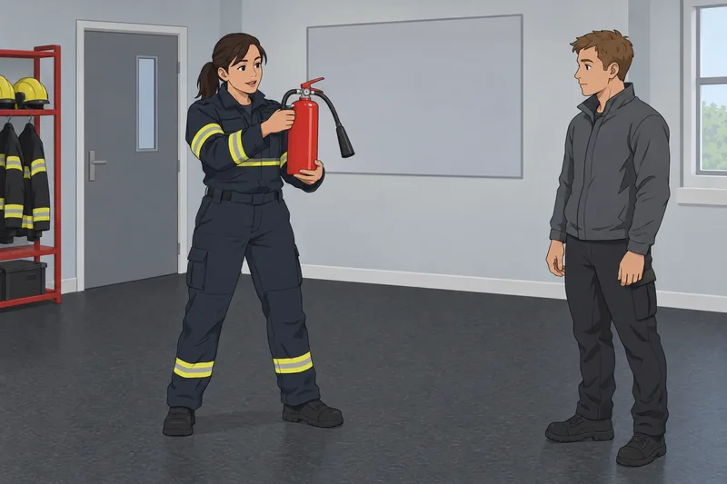 Firefighter Quiz shows a safe extinguisher lesson.