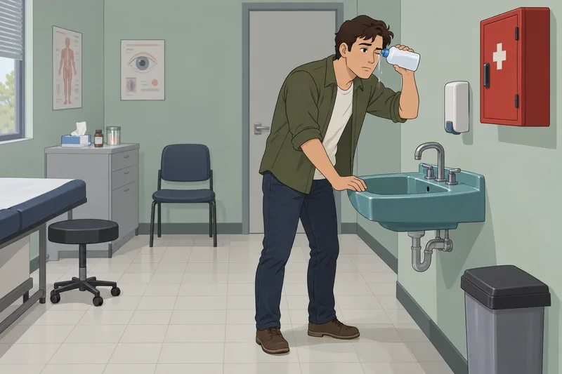 First Aid Quiz: clinic eye rinse practice.