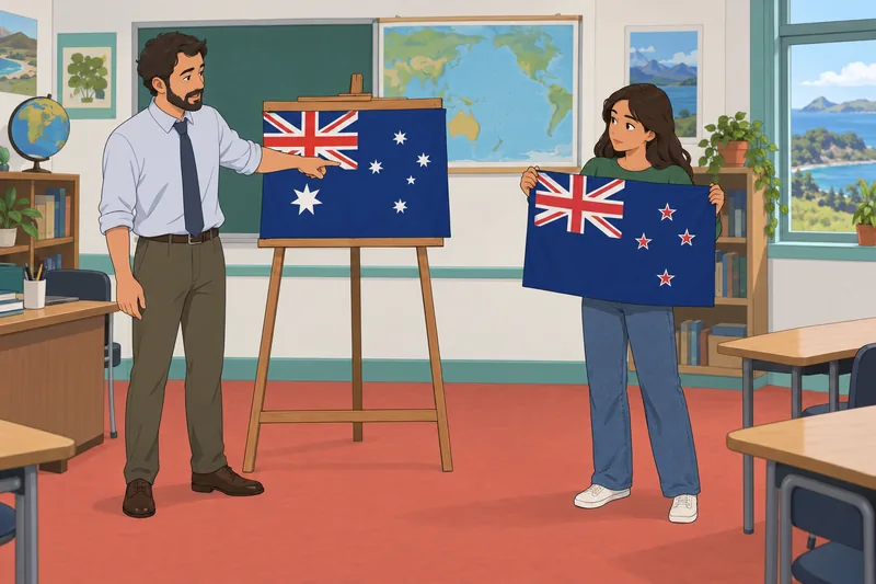 Flags of Oceania appear on a classroom card.
