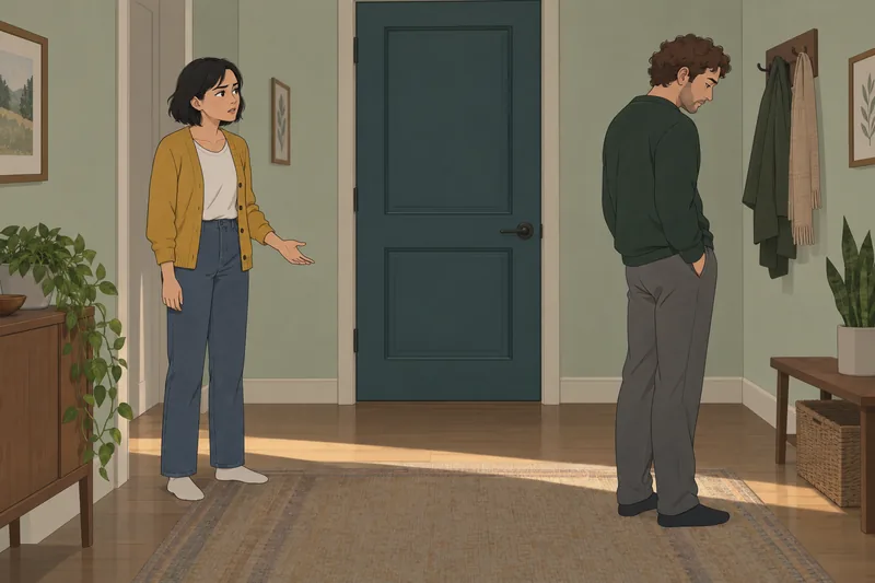 Four Horsemen Relationship: couple pauses by a door.