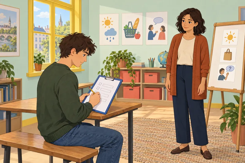 French Quiz shows a learner sorting grammar cards.