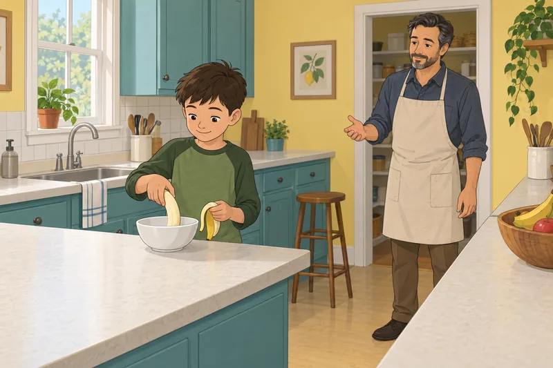 cuestionario sobre frutas: niño prepara un plátano.