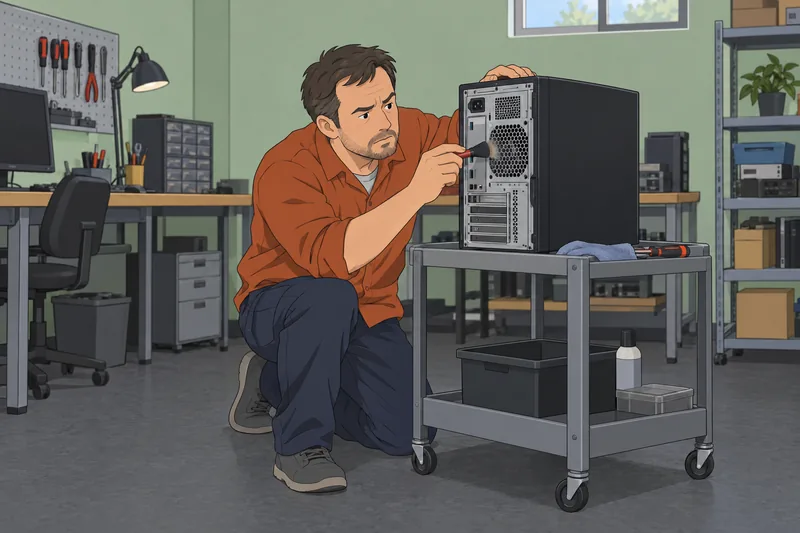 Funny Technology Quiz: technician checks a desktop computer.