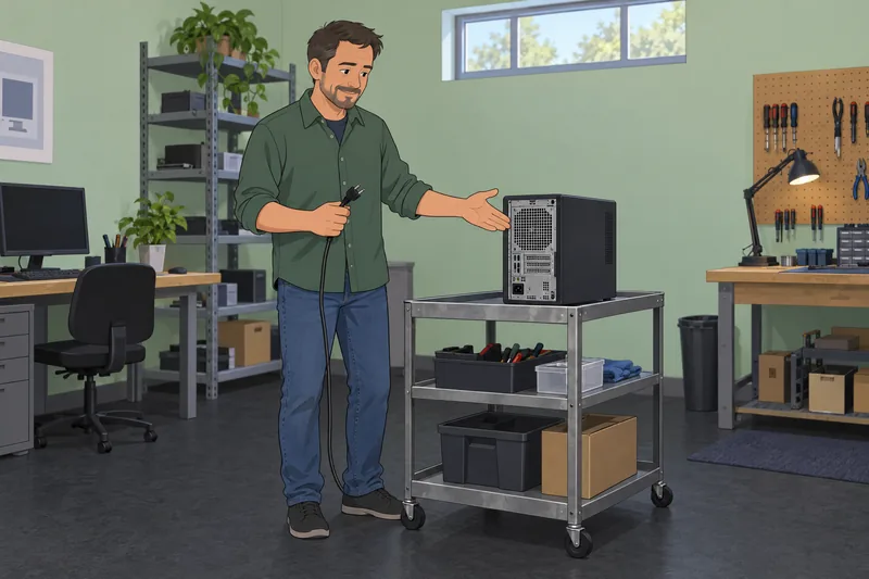 Quiz divertido sobre tecnología: técnico revisa ordenador.