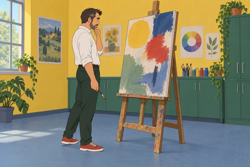 Creativity Questionnaire Test: man studies a painted canvas.