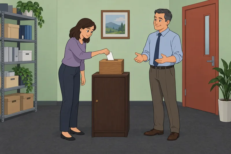 Gallup Q12 Employee notices a suggestion box.
