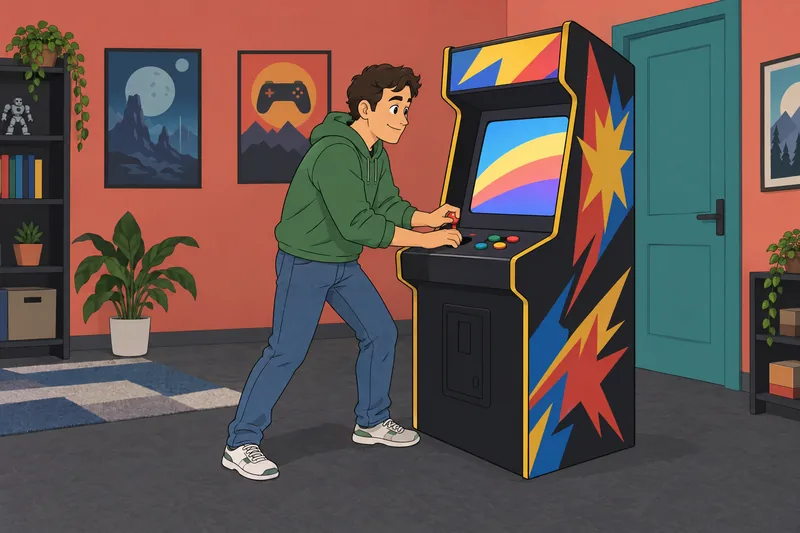 Geek Quiz player reaches toward an arcade cabinet.