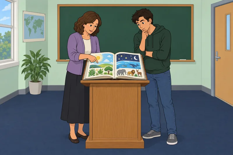 Genesis 1 Quiz shows a classroom mural.