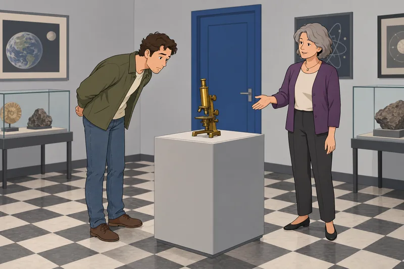 Genius Quiz: A visitor examines a microscope.