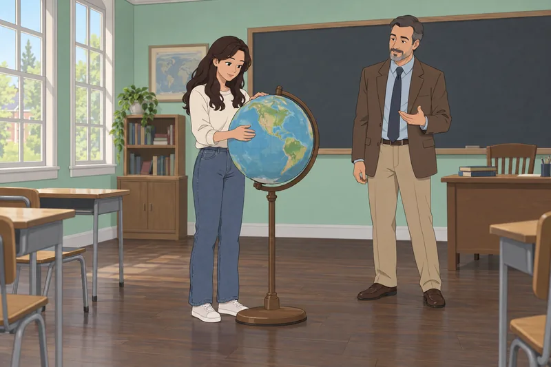 Genius Quiz: A student studies a globe.