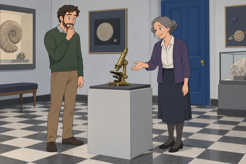 Quiz de genios: un visitante examina un microscopio.