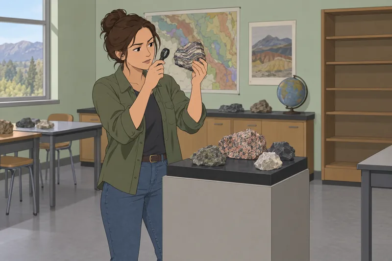 Geology Quiz shows a student examining layered stone.