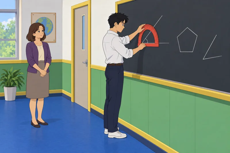 Geometry Quiz shows an adult measuring an angle.