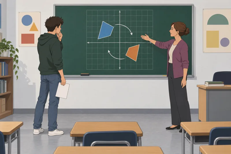Geometry Transformation Quiz: a student rotates a triangle.