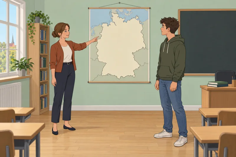 German Quiz shows a learner studying Germany’s map.