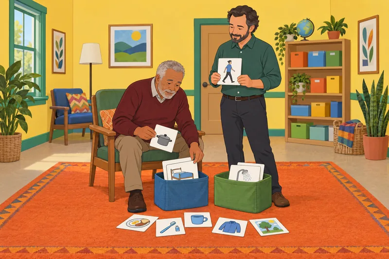 Gerontology Practice Quiz shows daily-activity card sorting.
