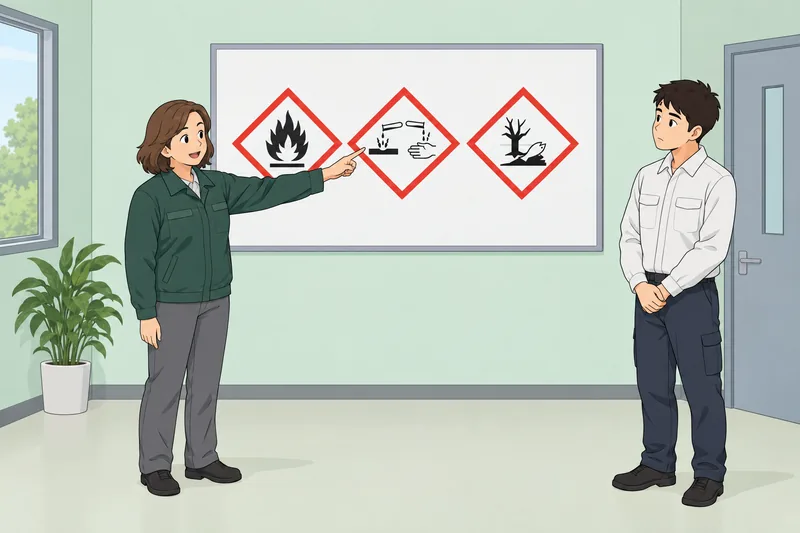 GHS Pictogram Quiz shows a bottle label review.