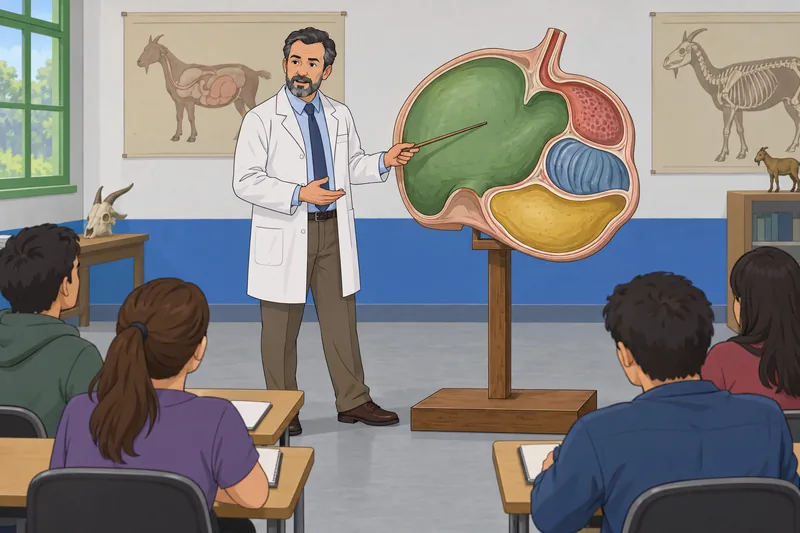 Goat Anatomy Quiz: veterinarian checks a stomach model.