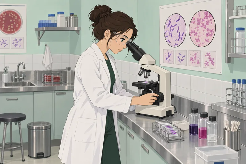 Gram Stain Quiz in a microbiology laboratory.