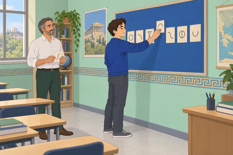 Greek Alphabet Quiz appears in a classroom.