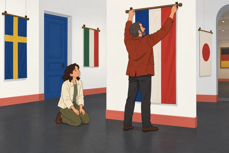 Green Flag Quiz shows a traveler examining flags.