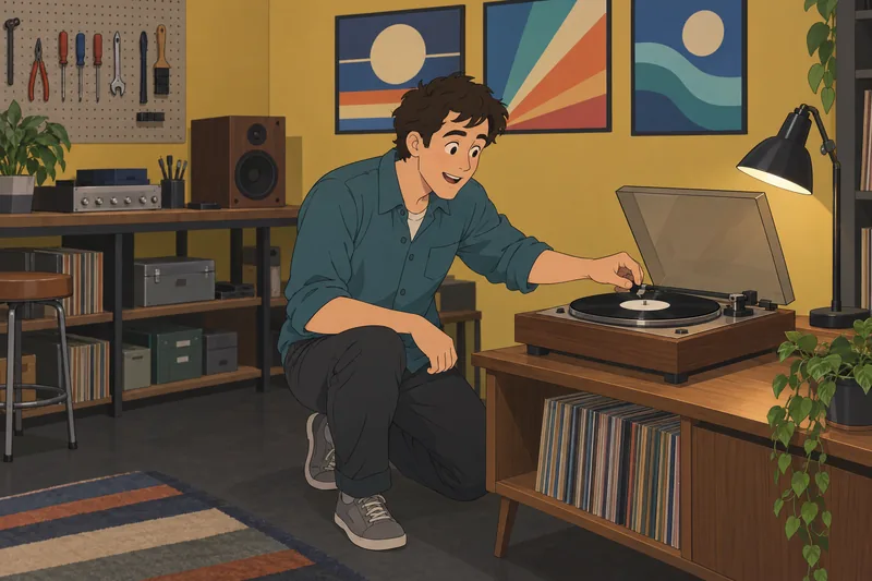 Guess the Theme: man places a record carefully.