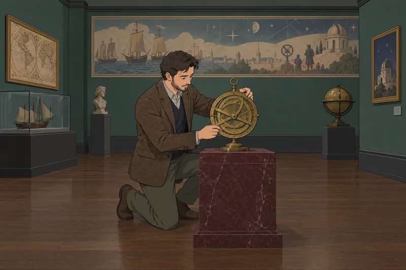 Guess the Year visitor studies an antique astrolabe.